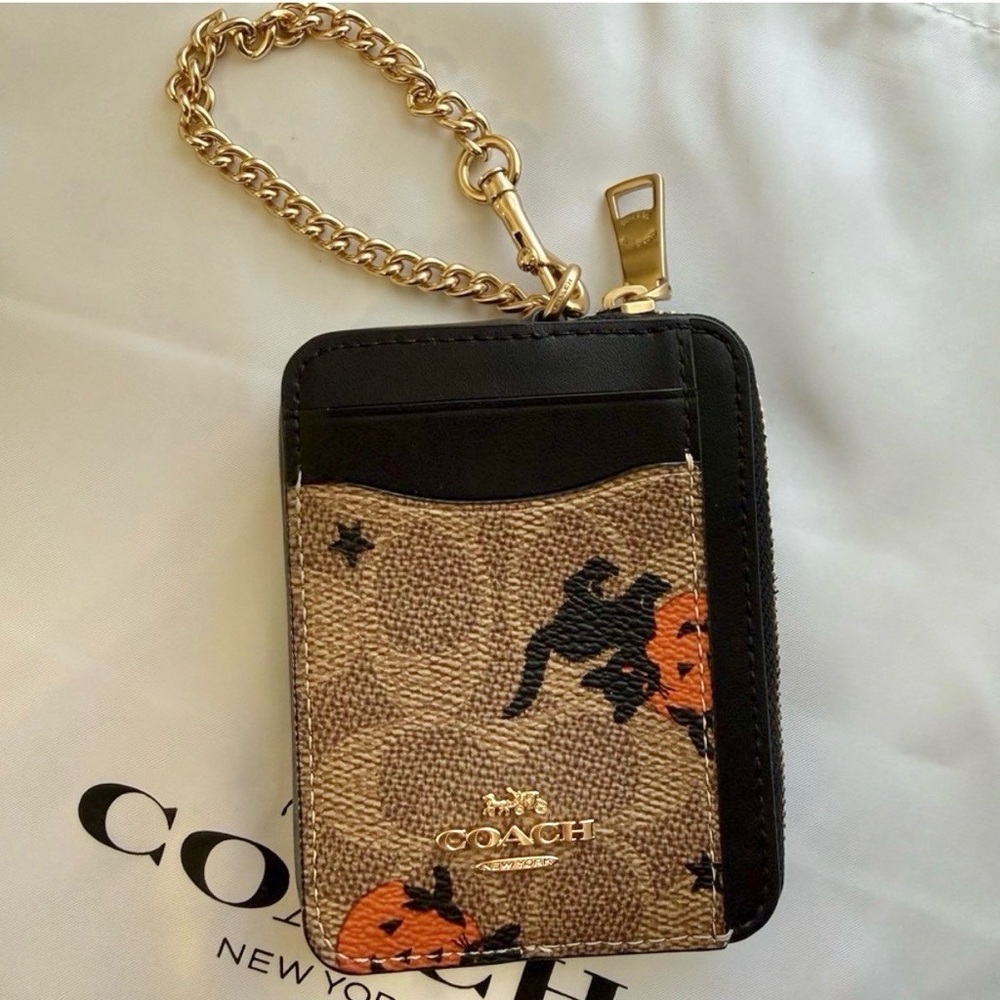 Coach Tan and Black Halloween Zip Card Case in Signature Canvas